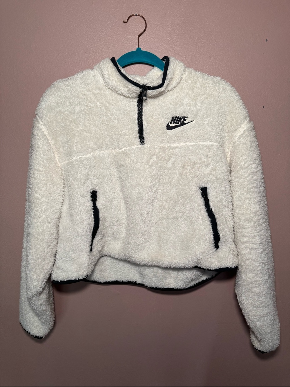 Nike Womens White Black 1/4 Zip Sherpa Fleece Cropped Jacket Regular Fit L